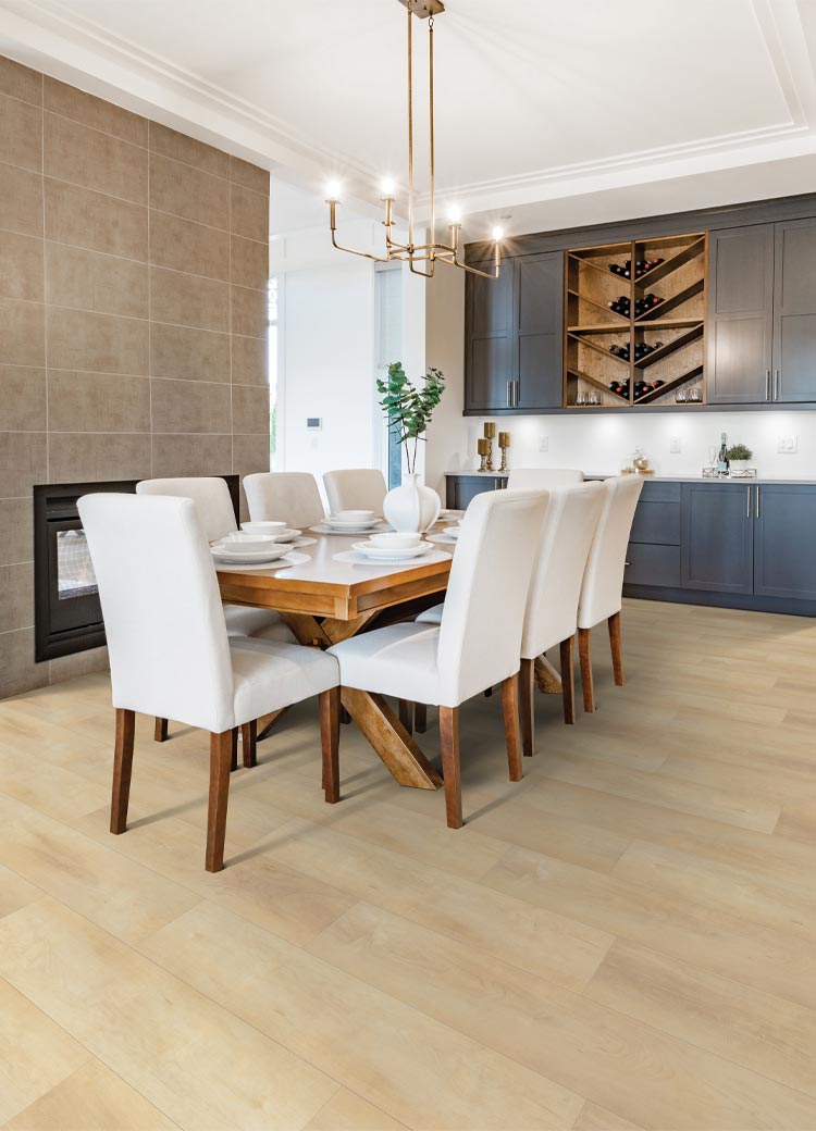 wood-look laminate in dining room with wood dining table and chairs