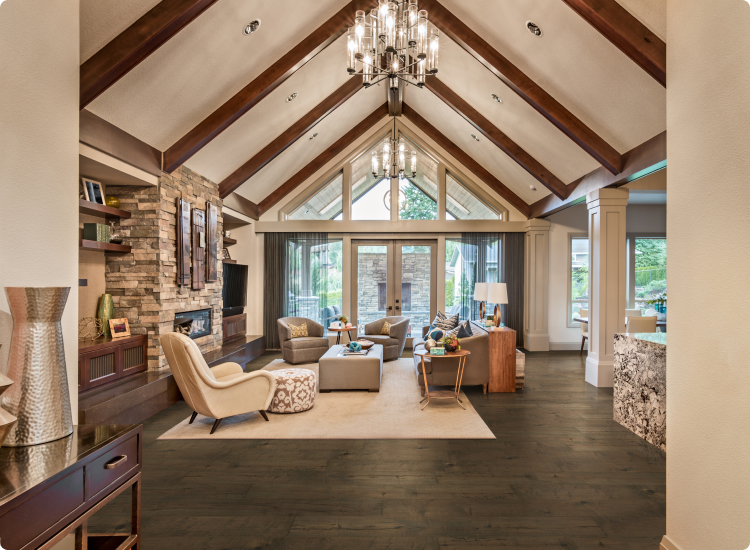 living room with cathedral ceiling and wooden beams with wood flooring
